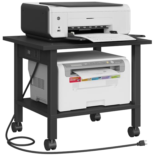 TUTOTAK Printer Stand, 2 Tier Rolling Printer Cart with Charging Station | Small Under Desk Printer Table with Wheels for Small Space, Office, Home, Black PS01BK001P - color: Black, size: 2 tier(18.9 x 11.8 x 15.4inchs)