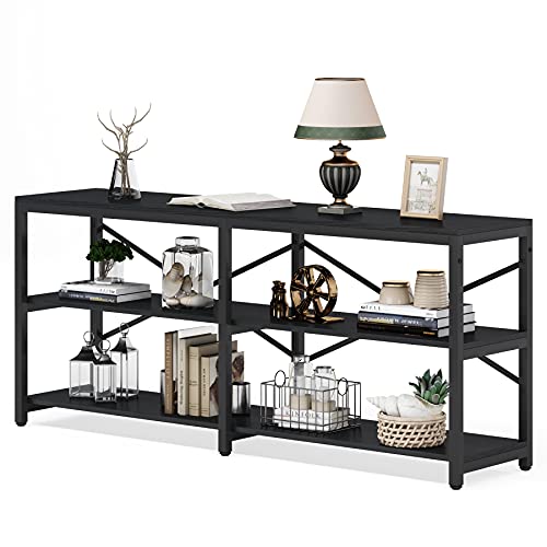 Tribesigns 70.9 Inch Extra Long Console Table, Modern Sofa Table Behind Couch Table with Storage Shelves, 3-Tier Industrial Hallway Entryway Table for Living Room, 3 Shelf Bookshelf(Black) - color: Black