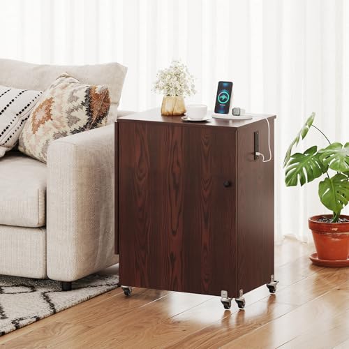 Giantex Folding Sewing Table with Charging Station, Storage Trays & Shelf | Rolling Craft Table with Lockable Wheels, Foldable Sewing Machine Cabinet Desk for Small Spaces, Dorms, Espresso - color: Espresso
