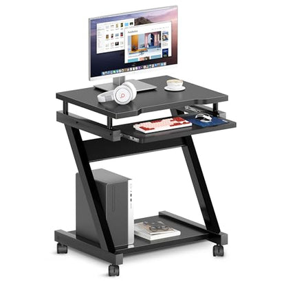sogesfurniture Mobile Computer Desk, Small Rolling Work Workstation for Home and Office with Printer Shelf, Keyboard Drawers,23.6 x 18.9 x 28.7 Inches,BHUS-DX-8110-BB(Black) - color: Black