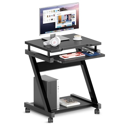 sogesfurniture Mobile Computer Desk, Small Rolling Work Workstation for Home and Office with Printer Shelf, Keyboard Drawers,23.6 x 18.9 x 28.7 Inches,BHUS-DX-8110-BB(Black) - color: Black