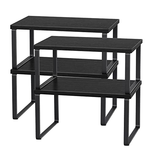 CADUKE Set of 4 Kitchen Counter Shelves Stackable Shelf Organizer Wood Countertop Shelves Expandable Cabinet Shelf Organizers Countertop Storage Rack for Pantry, Industrial Black - color: Black