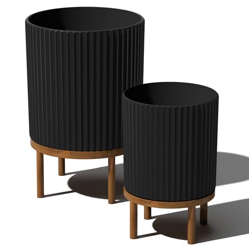 Veradek Demi Series Raised Duo Planters - Set of 2 Planters with Stands | Made From a Durable Plastic-Stone Composite & Comes With Wooden Stand. Modern Porch/Patio Décor - color: Black/Brown, size: Bundle