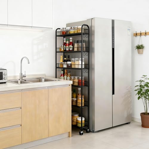 6in 6 Tier Slim Storage Cart with Wheels, Narrow Space Rolling Shelving Unit, Metal Wire Mobile Organizer Rack for Kitchen Bathroom Office Laundry - size: 6in Black Cart