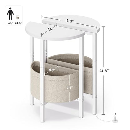 Vagusicc Side Table, Small Round End Table, Tall Accent Table with Storage Basket, Set of 2 Half Round Coffee Tables Half Moon Tables, Bedside Table, Modern Nightstand for Living Room Bedroom, White - color: White