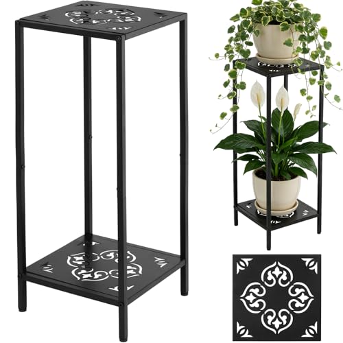 Party Zealot 2-Tier Tall Metal Square Plant Stand 31" Heavy-Duty Modern Flower Pot Rack for Indoor Living Room, Corner Side Table for Outdoor Patio, Garden, and Balcony Black, Vintage scroll - style: Vintage scroll - 1 pack