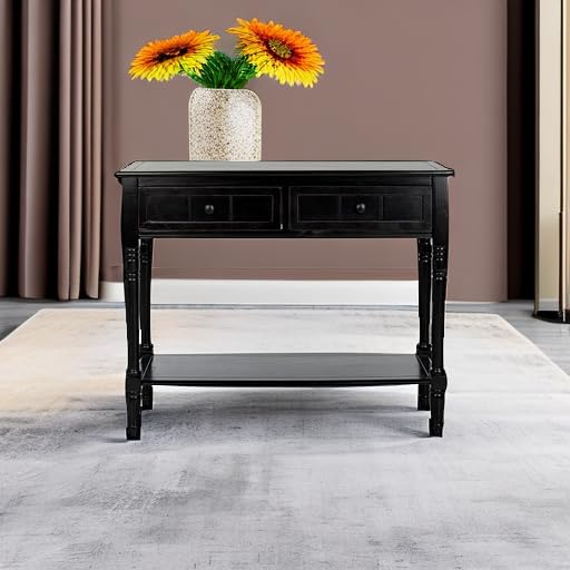 SAFAVIEH Furniture - Samantha 2-Drawer Console Table - Distressed Black - Solid Wood - Classic Storage Design - Ideal for Entryway, Living Room, Hallway, 35.8"W x 13.8"D x 29.5"H (AMH5710B) - color: Distressed Black