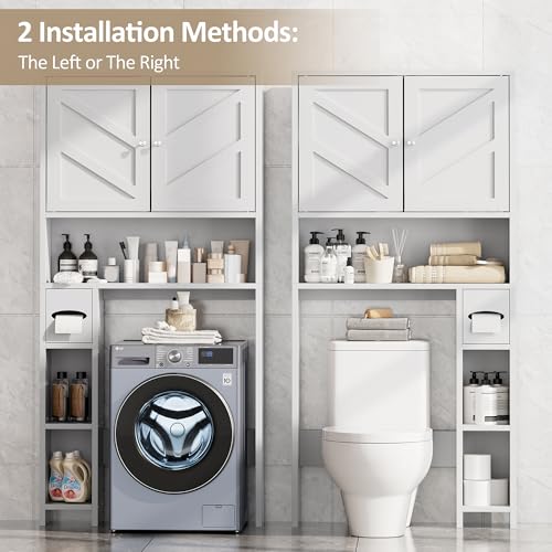 Bathroom Storage Cabinet Over Toilet with Toilet Paper Holder Stand, Freestanding Bathroom Storage Organizer Cabinet Space Saver W/Adjustable Shelf, White - color: White