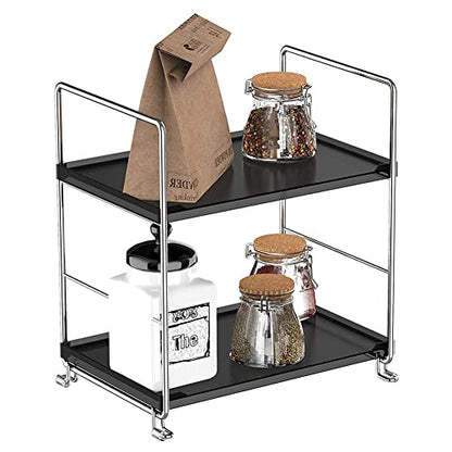 Plastic/Metal Freestanding Stackable Organizer Shelf,Bathroom Countertop Storage Shelf Cosmetic Organizer Holder Kitchen Spice Rack,2-Tier Standing Rack (Silver & Black) - color: Silver