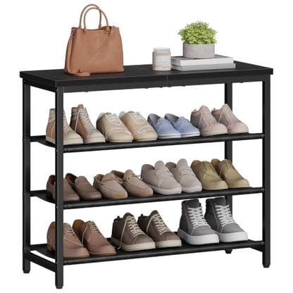 HOOBRO Shoe Rack with 3 PU Shelves, 4-Tier Shoe Storage Organizer for Closet and Entryway, Holds 9-12 Pairs of Shoes, Sturdy Metal Frame, Small Spaces, Rustic Brown and Black BF94XJ01
