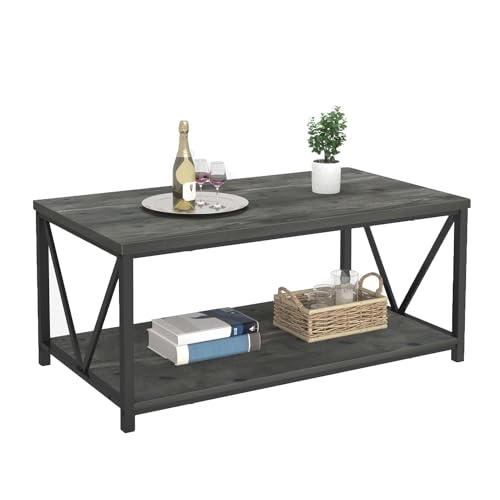 EXCEFUR Coffee Table, Rustic Wood and Metal Center Table for Living Room, 39.3 Inch Grey - color: Grey, size: 39 inch