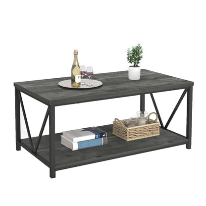 EXCEFUR Coffee Table, Rustic Wood and Metal Center Table for Living Room, 39.3 Inch Grey - color: Grey, size: 39 inch