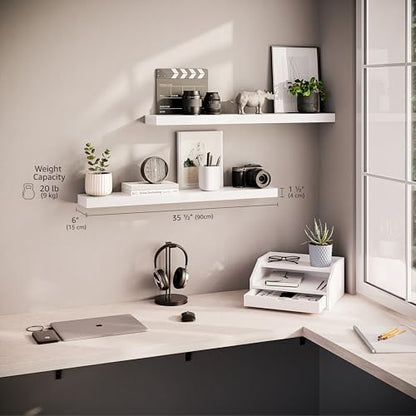 Ballucci Floating Shelves, 36" Wood Wall Shelf Set of 2, with Invisible Brackets for Bathroom, Living Room, Bedroom, Kitchen, Nursery, 6" Deep, White - color: White, size: 35.4 inches
