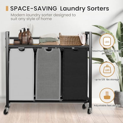 SwaaVee Laundry Sorter, Laundry Hamper 3 Section, 3×11.4Gal, Metal Frame Rolling Laundry Basket with Wooden Top Shelf, Pull out and Removable Laundry Bags, 3 Bags-Black Grey White - color: Black-Grey