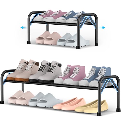 YEASHEIN 1-Tier Expandable Shoe Rack for Closet Floor, Λ-Frame - Black | Metal Small Shoe Rack for Entryway, Adjustable Shoe Shelf Organizer, Free Standing Shoe Racks for Front Door Entrance, Garage - color: Black, size: 1 Tier