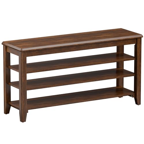 Shoe Rack Bench with 3 Tier Adjustable Shelves Rubberwood Entryway | Hallway organizer, solid wood design, removable shelves, space saving storage, perfect for front doors, family spaces - color: Walnut - W, size: 39.4''