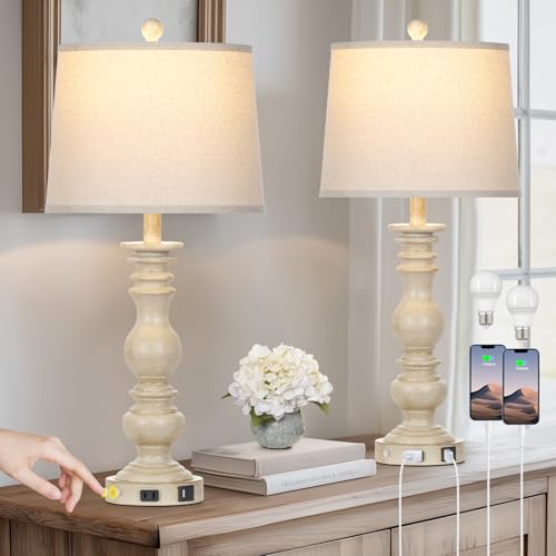 Cinkeda 28" Farmhouse Table Lamps Set of 2 with USB C+A Ports & AC Outlet for Vintage Living Room Retro Bedroom,3-Way Dimmable Touch Lamp Resin Bedside Lamps for Nightstand Side End Table, Beige - color: Beige