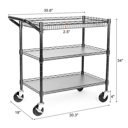 BolDuck Heavy Duty Utility Cart, 990Lbs Capacity 3 Tier Rolling Carts with Wheels, Kitchen Cart on Wheels with Storage, Commercial Grade Metal Serving Carts with Wire Shelving &Handle Bar, Black - color: Black