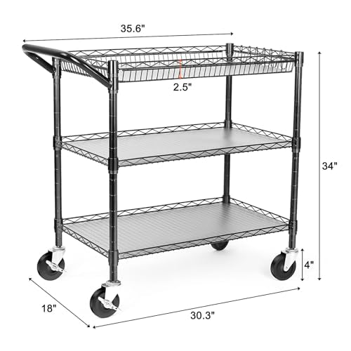 BolDuck Heavy Duty Utility Cart, 990Lbs Capacity 3 Tier Rolling Carts with Wheels, Kitchen Cart on Wheels with Storage, Commercial Grade Metal Serving Carts with Wire Shelving &Handle Bar, Black - color: Black