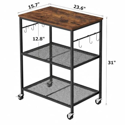 Homleke 3-Tier Rolling Kitchen Microwave Cart, Kitchen Utility Cart on Lockable Wheels, Coffee Bar Table Station with 6 S-Shaped Hooks, Small Appliance Storage Shelf, Rustic Brown and Black - color: Rustic Brown and Black, size: 3-Tier
