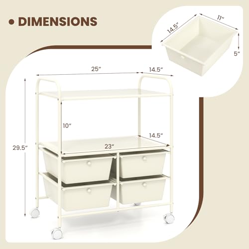GOFLAME 4-Drawer Rolling Storage Cart with 2 Shelves, Mobile Utility Cart with Removable Drawers and Metal Frame, Art Craft Drawer Cart with Lockable Wheels for Home, Office, School, Studio, White - color: White