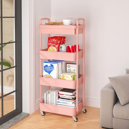 Calmootey 4-Tier Rolling Utility Cart with Drawer,Multifunctional Storage Organizer with Plastic Shelf & Metal Wheel,Storage Cart for Kitchen,Bathroom,Living Room,Office,Pink | Space-Saving Organizer, Sturdy Plastic Shelves, Smooth-Rolling Metal Wheels, B
