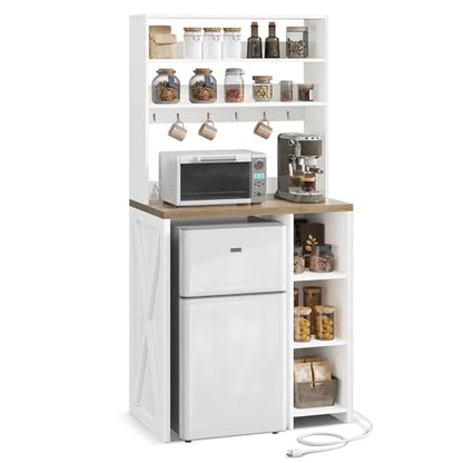 YITAHOME 6-Tier White Mini Fridge Stand with Power Outlet | Fits Mini Fridge, 6-Tier Storage, Built-in Power Outlet, Farmhouse Style, for Dining Room Dorm Office, Easy Assembly