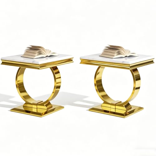 Asday Gold End Table Set of 2, White Side Table for Living Room, Bedroom, 2 Stable End Tables with U-Shaped Polished Gold Base and Square Bottom Plate - color: White, size: Set of 2