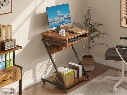 Zenira 24-Inch Small Computer Desk, 30-Inch Tall with Drawers, Corner Desk with Wheels for Gaming, Bedroom, Home, Office - Brown