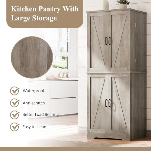 Vongrasig Kitchen Pantry Storage Cabinet with Barn Doors, Drawer and Adjustable Shelves, 6-Tier Tall Rustic Wood Cupboard Locker for Kitchen, Dining Room, Living Room, Bathroom, Rustic Grey - color: Rustic Grey