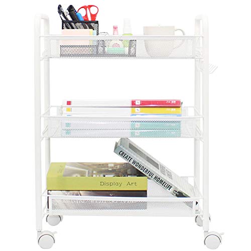 3-Tier Mesh Rolling Cart - 24.8" H Fits Under Desk Metal Cart with Wheel | Hold 35bls/Tier Small Space Storage Organizer Crafts Utility Cart for Office Pantry Bathroom Kitchen Laundry White - color: White, size: 3 tier