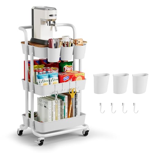 3 Tier Rolling Cart with Table Top, Utility Cart with Lockable Wheels, Hooks & Cup Holders, Multifunctional Rolling Storage Cart for Kitchen, Bathroom, Office, Bedroom, Craft, Living Room (White) - color: White