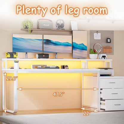 HOMBCK White Computer Desk with 3 Drawers and LED Lights, 67" Home Office Desk with Long Monitor Stand and Printer Shelfe, Writing Desk with Storage, Reversible Design，White - color: White