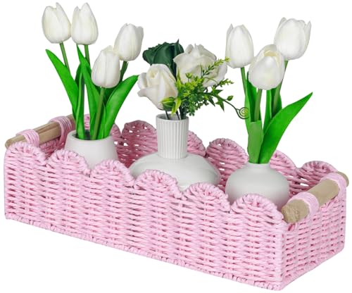CubesLand Paper Rope Scalloped Edge Gift Basket Empty | Small Living Room,Bedroom Decor Baskets, Pink Woven Toilet Paper Storage Basket, with 2 Wooden Handle, Rectangular - color: Pink, size: m - 14 X 6.3 X 3.9in