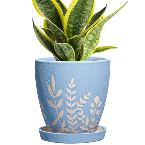 6 Inch Ceramic Plant Pot with Saucer - Small Flower Pot with Drainage for Succulents & Herbs, Boho Desk Home Office Room Decor, Plant Lovers Gifts, Blue - size: 6 Inch