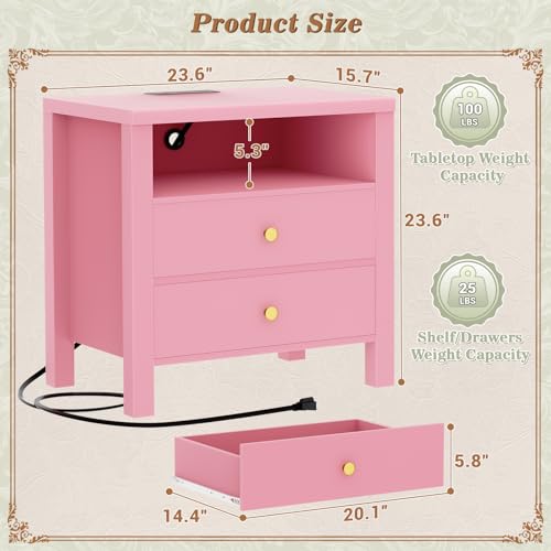 Aheaplus Nightstand with Charging Station, 23.6'' Large Bed Side Table with Wooden 2 Drawers, Night Stand for Bedroom, End Table with Open Storage Shelf for Living Room, Set of 2, Pink - color: Pink