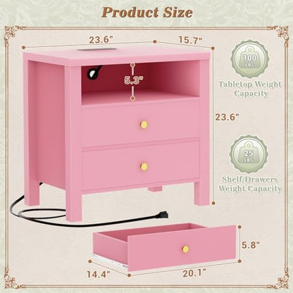 Aheaplus Nightstand with Charging Station, 23.6'' Large Bed Side Table with Wooden 2 Drawers, Night Stand for Bedroom, End Table with Open Storage Shelf for Living Room, Set of 2, Pink - color: Pink