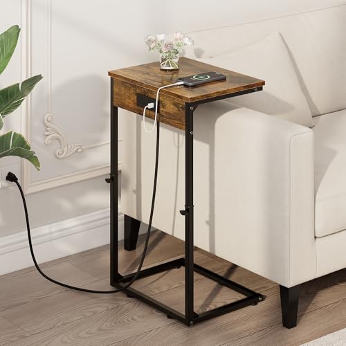 Vagusicc C Shaped End Tables Set of 2 with Charging Station, 33.2'' Tall C Table Adjustable Height Side Table, Small Side Table for Small Spaces, Couch Sofa Table TV Tray for Living Room, Rustic Brown - color: Rustic Brown (2 Pack), style: With Plug