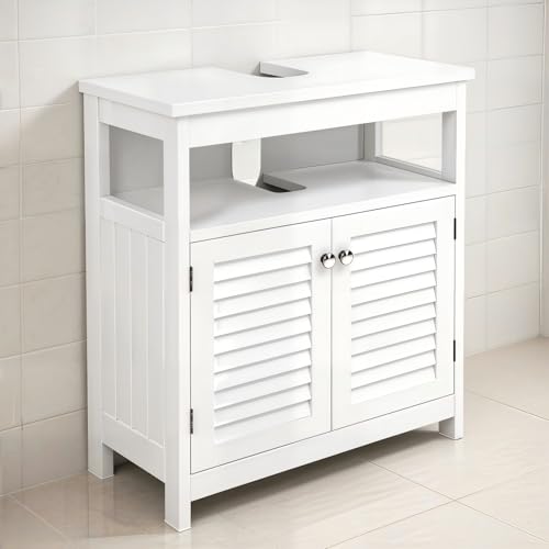 Under Sink Cabinet Pedestal Storage Cabinet with 2 Doors & Open Shelf, U Shape Cut Out Bathroom Vanity Under Sink Storage, Vanities for Toiletries Makeup in Bathrooms (White) - size: Single-story