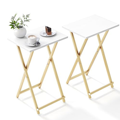 Acovy Foldable TV Trays, Small Folding Table, TV Trays Set of 2, TV Dinner Tray, Side Table for Bed, Couch, Portable Easy to Move, White & Gold - color: White & Gold-2pcs