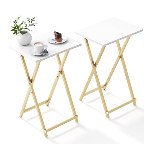 Acovy Foldable TV Trays, Small Folding Table, TV Trays Set of 2, TV Dinner Tray, Side Table for Bed, Couch, Portable Easy to Move, White & Gold - color: White & Gold-2pcs