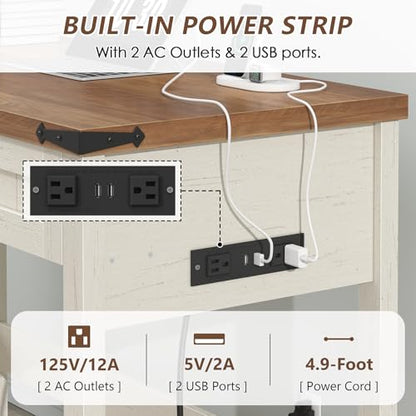 YOMILUVE Farmhouse Computer Desk with 2 Drawers, 39 Inch Small Office Computer Desk with Power Outlets, Compact Writing Study Desk for Small Spaces, Antique White - color: Antique White