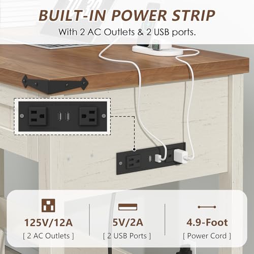 YOMILUVE Farmhouse Computer Desk with 2 Drawers, 39 Inch Small Office Computer Desk with Power Outlets, Compact Writing Study Desk for Small Spaces, Antique White - color: Antique White