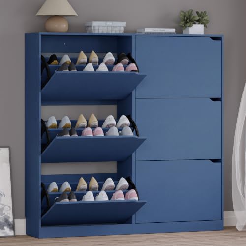 BORNOON Shoe Cabinet with 6 Flip Drawers, Slim Narrow Shoe Storage Cabinet, Freestanding Shoe Organizer for Entryway, Hallway, Foyer - color: Blue, size: 6 Drawers