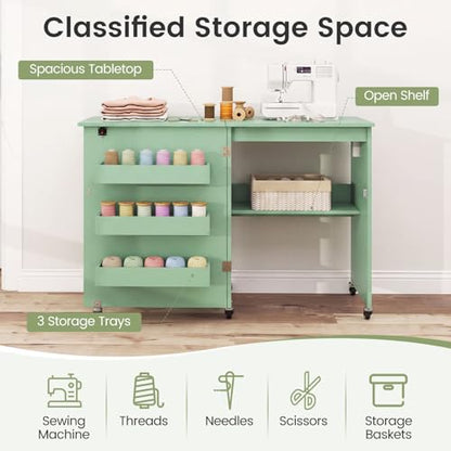 DREAMADE Folding Sewing Table with Storage, Craft Table w/Charging Station, 5 Lockable Wheels, Storage Bins & Shelf, Sewing Machine Desk for Home Office, Apartment, Studio (Green) - color: Green