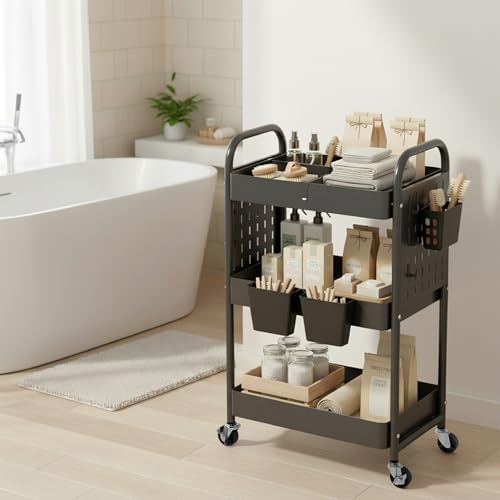 danpinera Craft Cart, Black Rolling Cart with Retractable Dividers & DIY Pegboards for Kitchen, Bedroom, Laundry - color: Black