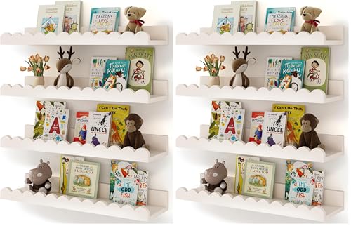 Shario Nursery Book Shelves, 8-Pack White Floating Shelves for Wall Kids, Scalloped Shelves, Wall Book Shelves for Bedroom Kids, Toddler Room, Baby Room, Nursery Decor - color: White, size: 16.5 Inches (Pack of 2)