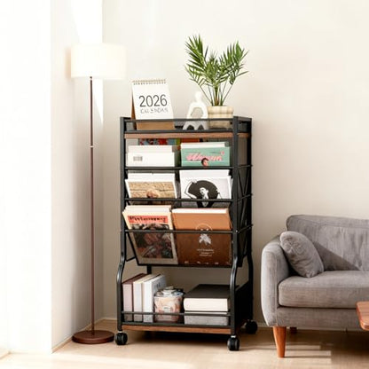 8-Tier Rolling Book Cart with Lockable Wheels, Double-Sided Storage Bookshelf for Narrow Spaces, Mobile Organizer Cart for Office, Library and Home