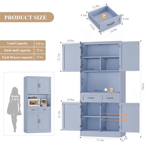 HOSTACK 71" Tall Kitchen Pantry Storage Cabinet, Modern Kitchen Hutch Bar Cabinet with Microwave Stand, Wood Buffet Sideboard with Hutch, Cupboard with Drawers, Shelves for Dining Room, Light Blue - color: Light Blue + Bronze Handles