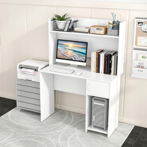 Tangkula Computer Desk with Hutch, Home Office Desk with Raised Display Shelf & 2 Open Shelves, Cabinet with Door, Cable Management Holes, Modern Laptop PC Desk, Study Writing Desk for Bedroom